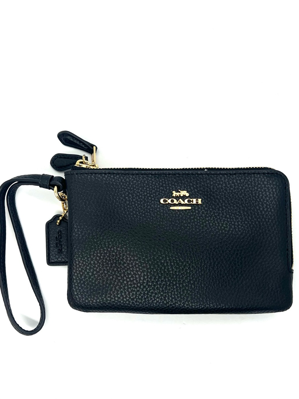 Coach Black Pebbled Leather Double Corner Zip Wristlet Gold Hardware EUC